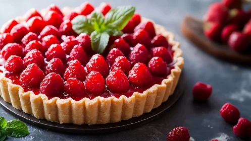 Ruby raspberry tart crowned with mint on moody slate table.