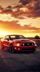 Sunset-lit red sports car stands on open road horizon.