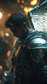 Winged knight in quiet golden light, lost in thought.