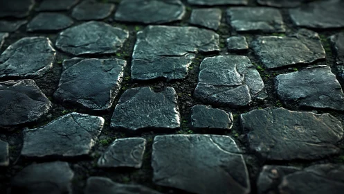 Wet cobblestone pavement rendered with shallow depth-of-field