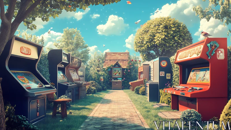 Arcade machine garden corridor under nostalgic summer daylight.