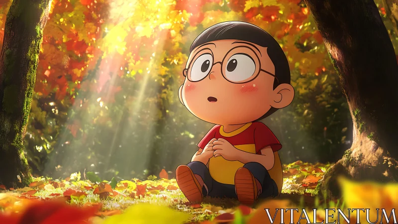 Autumn forest anime child illuminated by soft volumetric sunlight