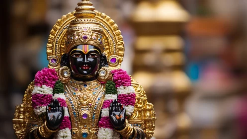 Photographic close-up of ornate Hindu deity sculpture in gold.