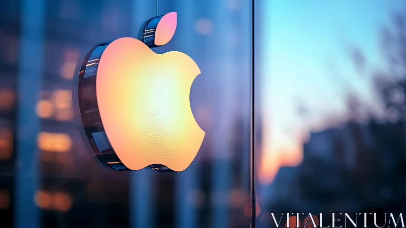 Illuminated glass apple logo sign mounted on reflective facade