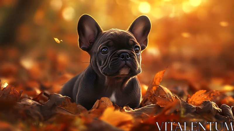French bulldog portrait in golden autumn backlit leaves.