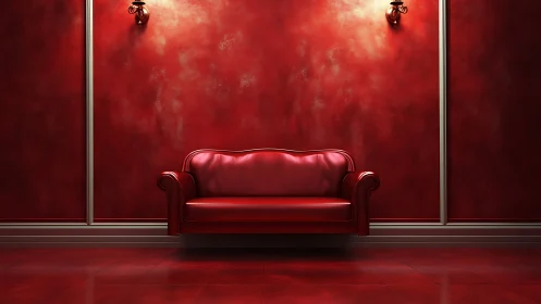 Red leather sofa in symmetrical red interior setting.
