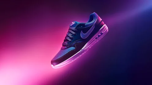 Stylish Nike sneaker in vibrant neon lighting, modern aesthetic.