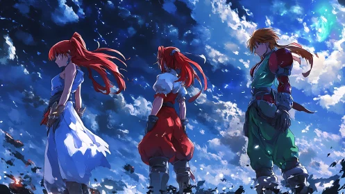Anime heroes stand beneath vast celestial skyscape.
