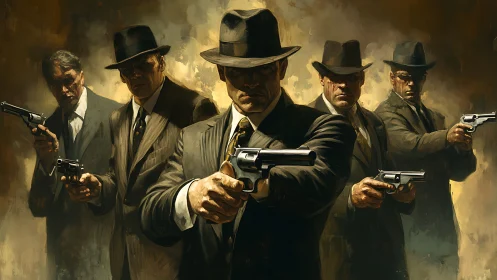 Five armed men in suits aim revolvers toward the viewer