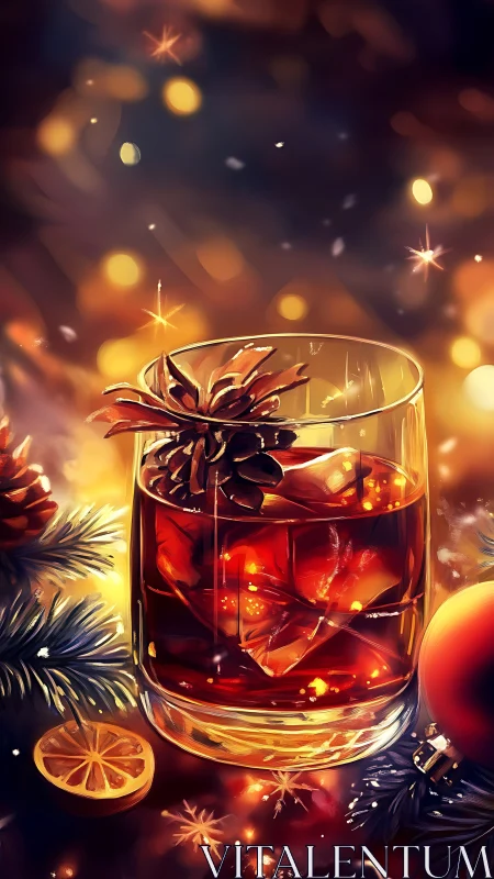 Festive whiskey glass glows amid warm holiday lights