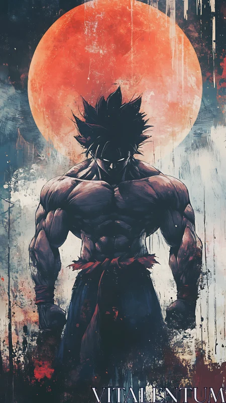 Backlit muscular warrior silhouette under oversized red moon