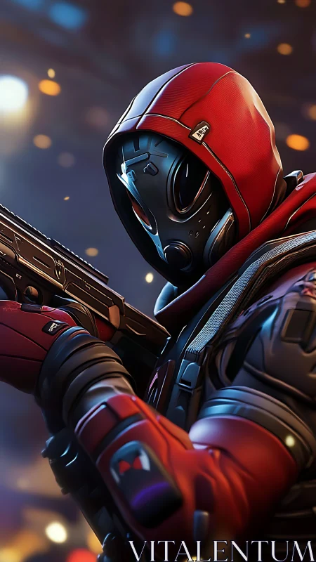 Masked cyber operative in red tactical armor portrait.