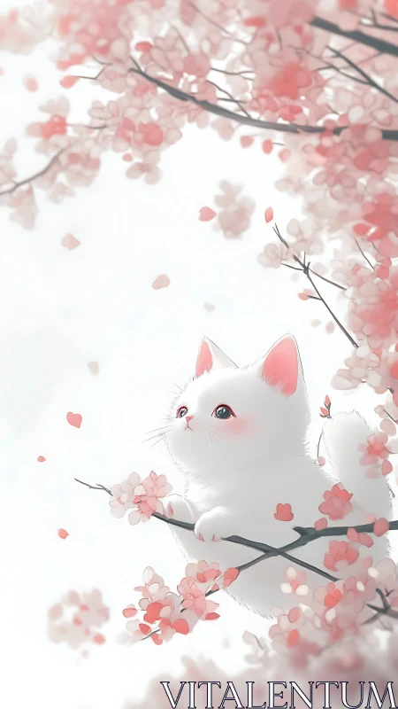 Softly illuminated white kitten amid stylized sakura canopy.