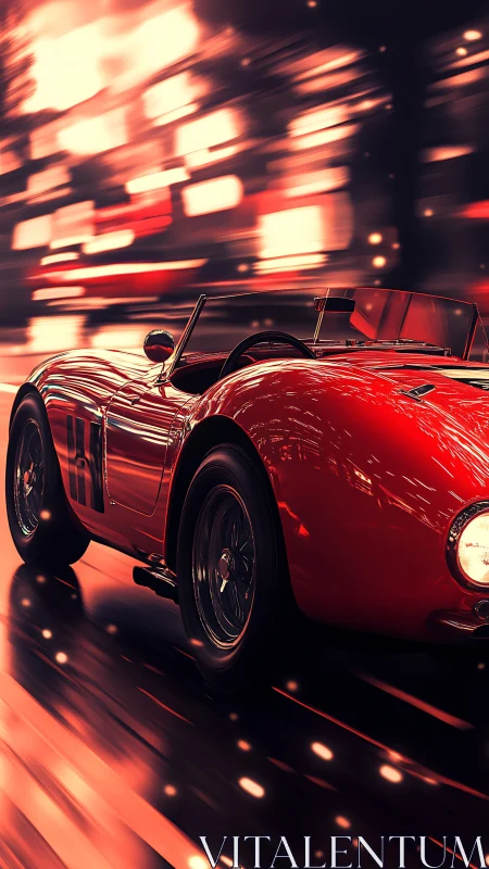 Red vintage race car slices through neon-lit night city streets