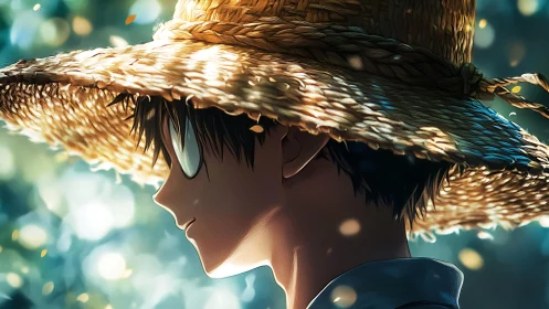 Side profile of youth in straw hat under dappled light.