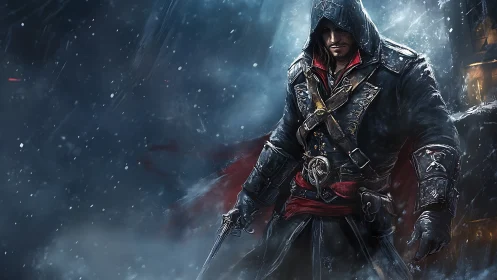 Hooded assassin strides through storm with drawn pistol.