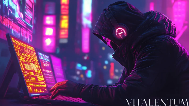 Hooded computer user at neon workstations in urban nightscape.