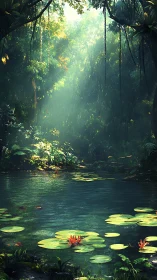 Sunlit jungle pond with lily pads and dense foliage.
