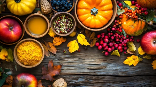 Autumn harvest still life with pumpkins, apples, berries, spices.