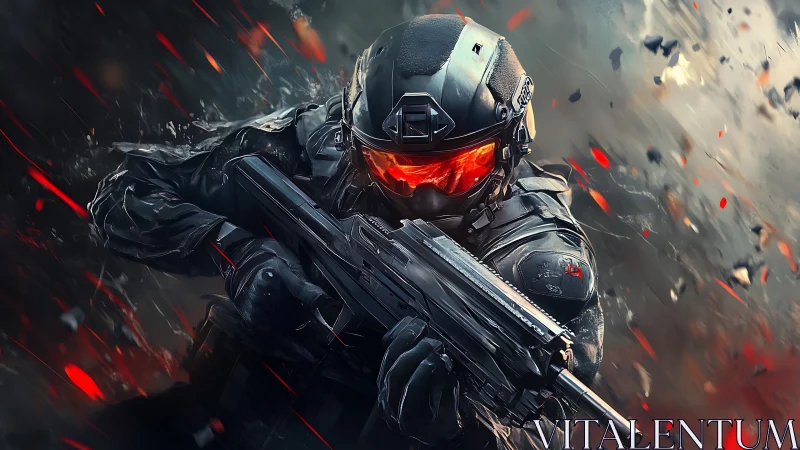 Futuristic armored soldier charging through blazing battle.