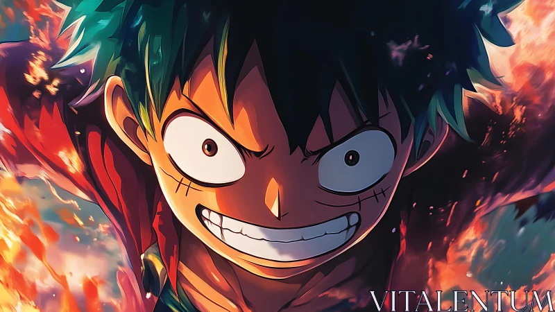 Intense anime hero portrait framed by dynamic flames.