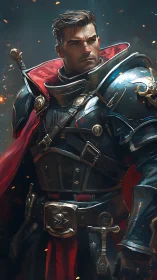 Armored paladin in red cloak rendered with dynamic brushwork