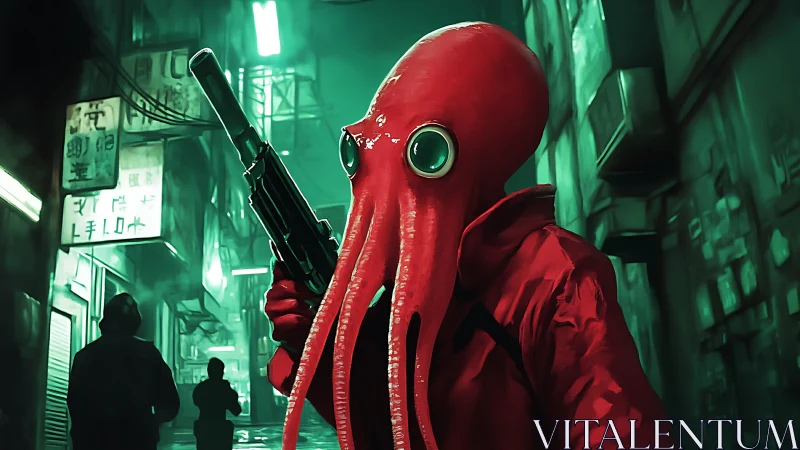 Cephalopod gunman in neon alley under moody teal lighting.