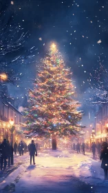 Central plaza Christmas tree under diffuse snowy night illumination