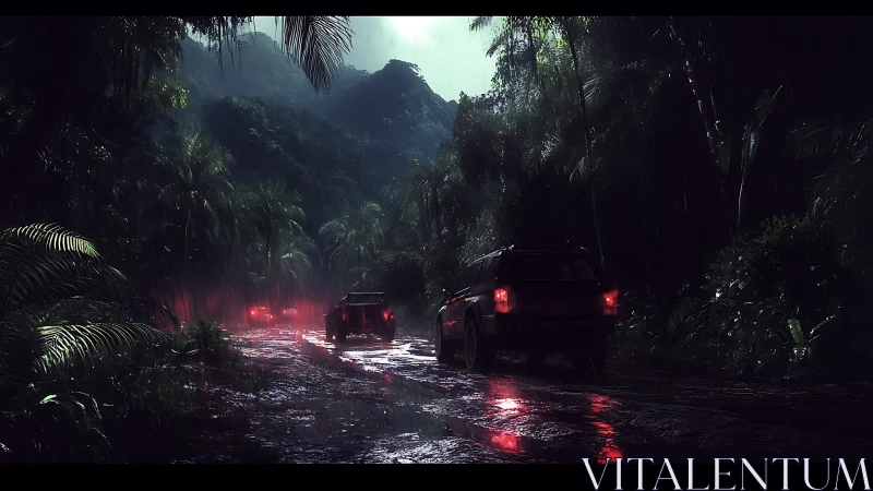 Deep Jungle Convergence: Neon-Lit Vehicles in Verdant Darkness.