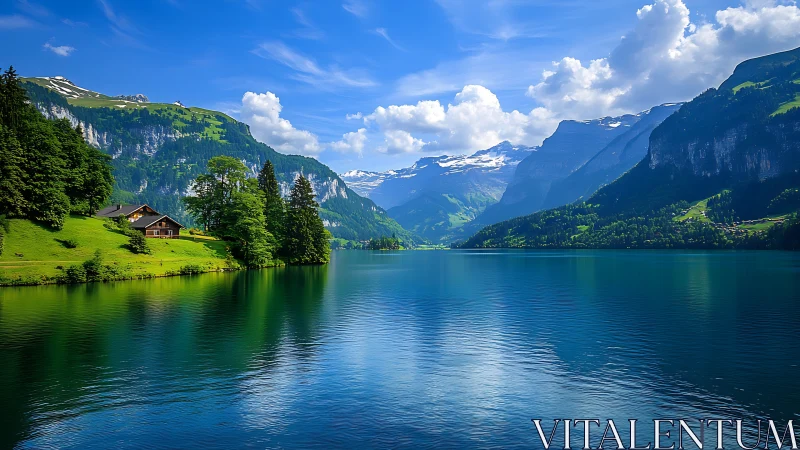 Alpine lake panorama with chalet, saturated summer daylight.