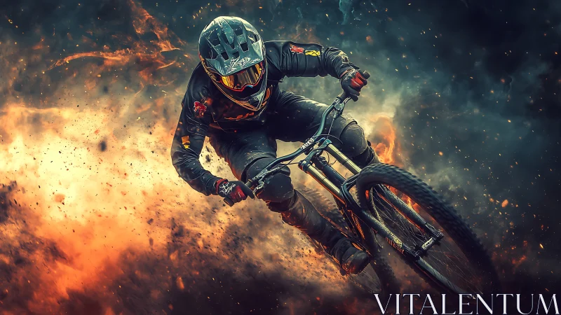 Downhill biker carving through fiery cinematic dust storm.