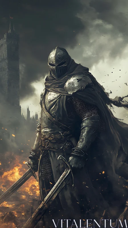 Stoic armored knight stands tall amid fire and ashes.