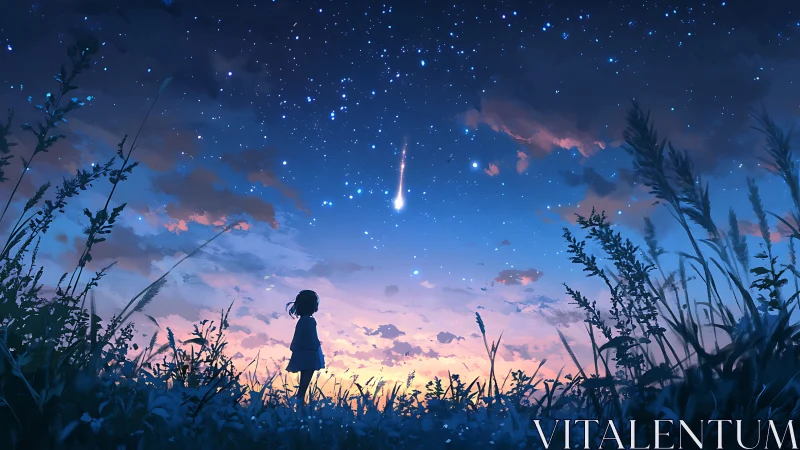 Girl beneath twilight sky watches single falling star in awe.