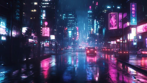 Neon drenched cyberpunk avenue glows through heavy night rain