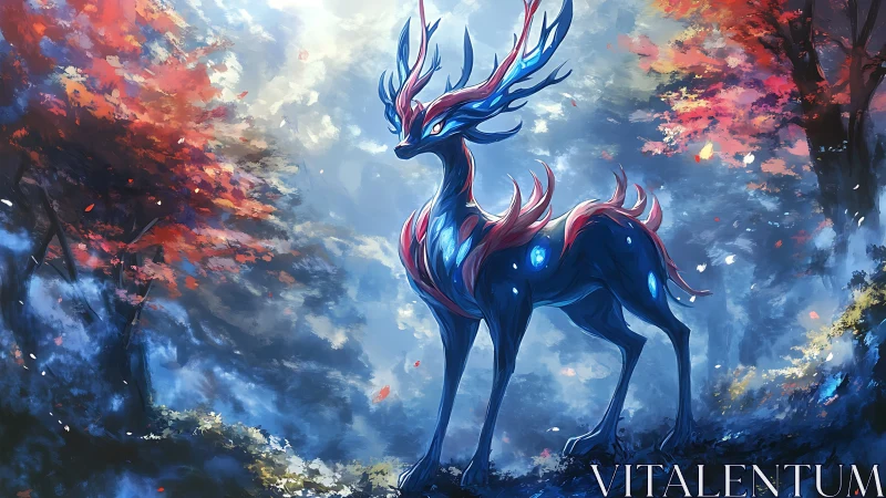 Bioluminescent stag stands in ethereal misted forest glade