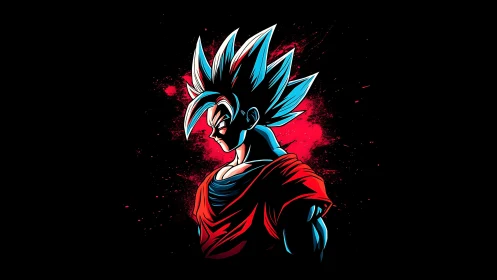 Blue haired anime warrior portrait on black background.