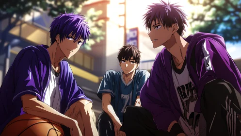 Courtside dusk legends in purple hoodies share quiet resolve.