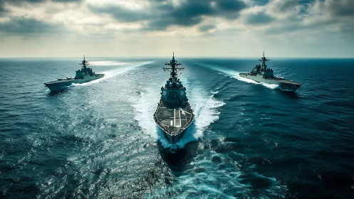 Three modern naval warships advance in tight ocean formation