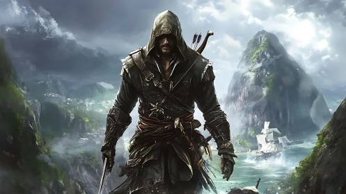 Hooded rogue strides coastal cliffs under stormy sky.