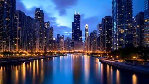 Symmetrical blue-hour skyline with long-exposure river reflections