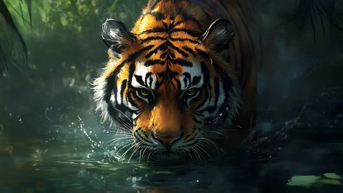 Tiger stalks through dark jungle river in low light