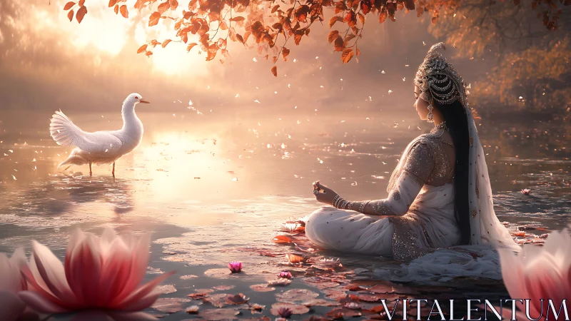Gentle dawn meditation with lotus blooms and a calm swan.