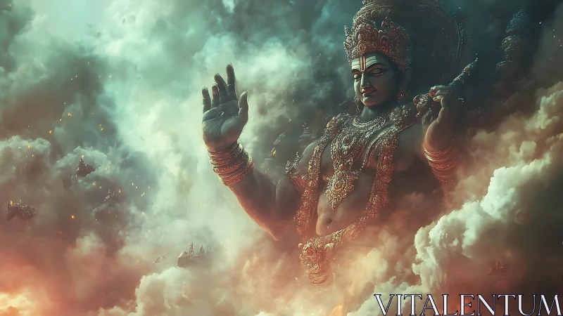 Colossal armored deity figure emerging within dense clouds.