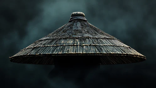 Woven straw hat in misty light with quiet cinematic charm.