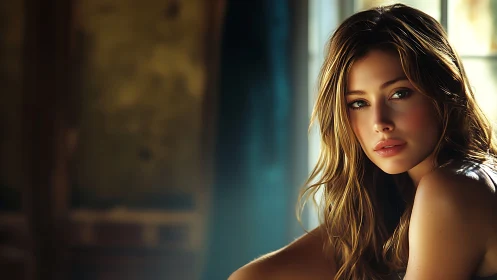 Portrait shows seated woman in soft window sidelight indoors