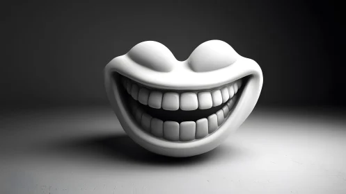 Surreal 3D Smiling Face Sculpture in Monochrome Minimalist Style.