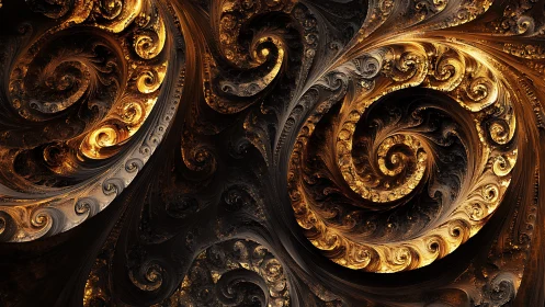 Gilded fractal storms curl like molten galaxies in orbit