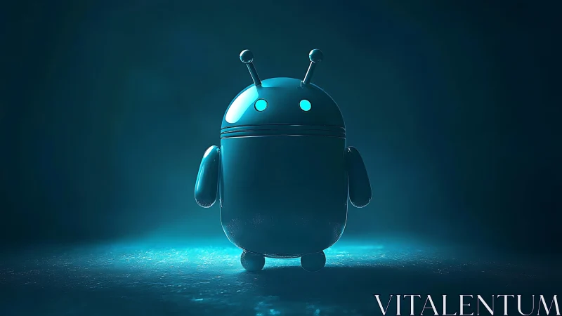 Cyan robotic mascot rendered in dramatic volumetric backlight