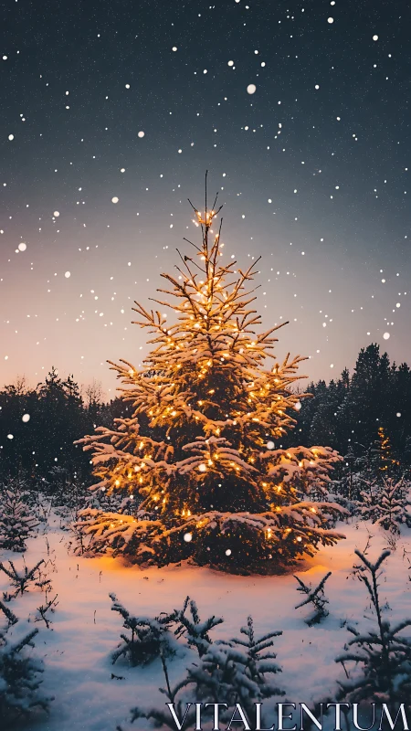 Snowy forest Christmas tree glowing in gentle twilight.
