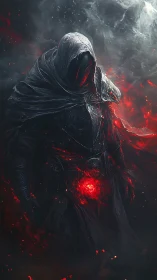 Hooded void entity channels core red energy in swirling haze